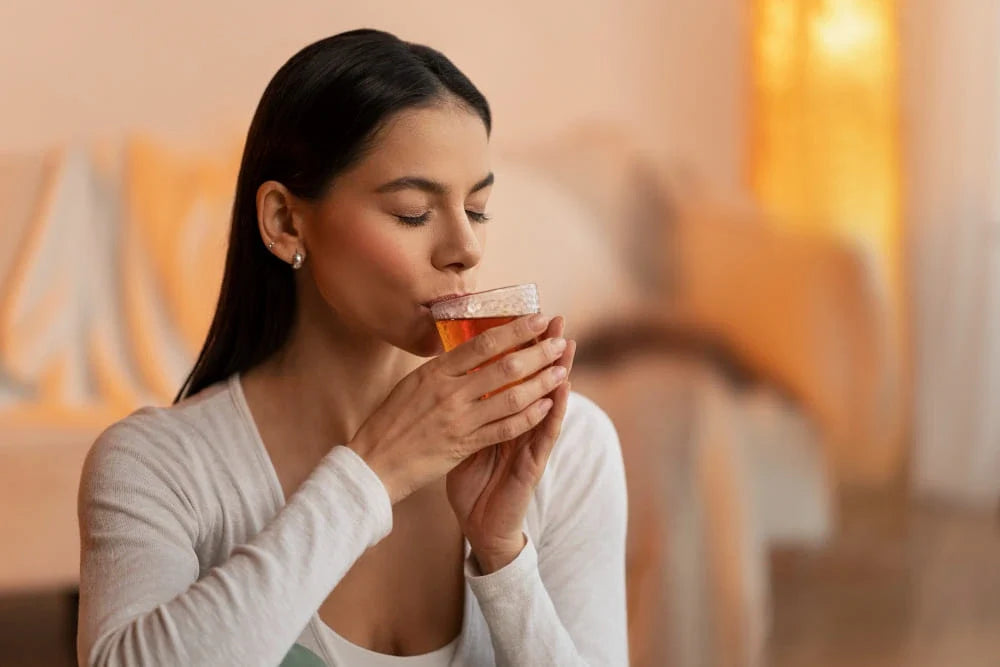 Mulher tomando xícara de chá de olhos fechados em fundo doméstico