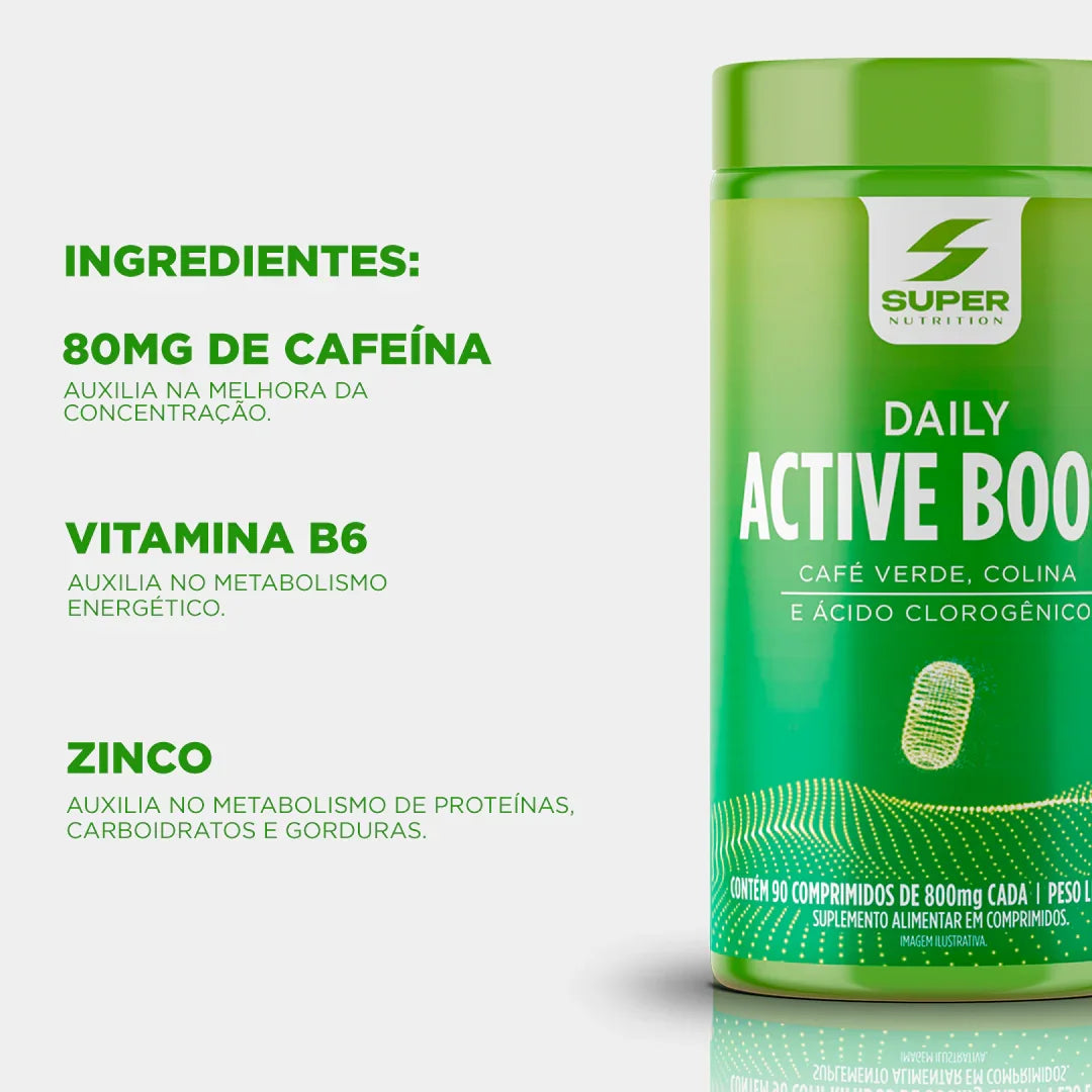 Daily Active Boo, suplemento em comprimidos com cafeína, vitamina B6 e zinco, embalagem verde da Super Nutrition