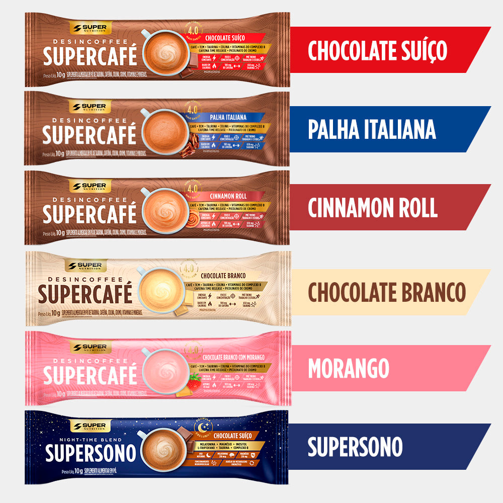 Kit de sachês Super Nutrition com sabores Chocolate Suíço, Palha Italiana, Cinnamon Roll, Chocolate Branco, Morango e Supersono.