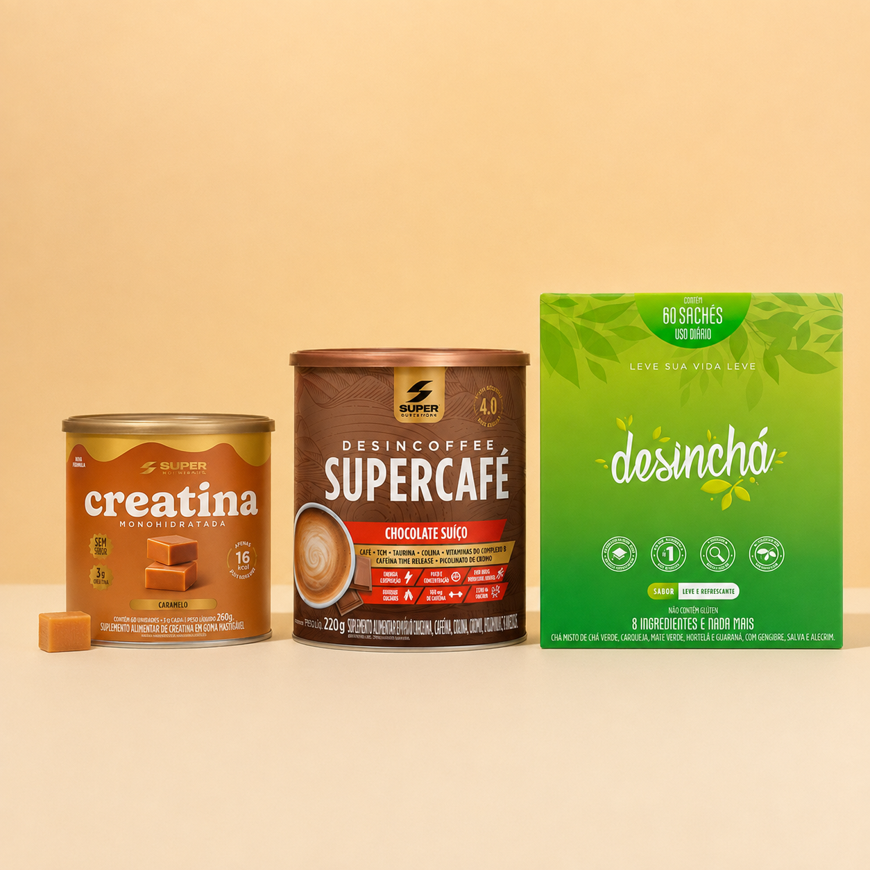 Kit Core: Caramelo Creatina, Supercafé Choc Suíço e Desinchá