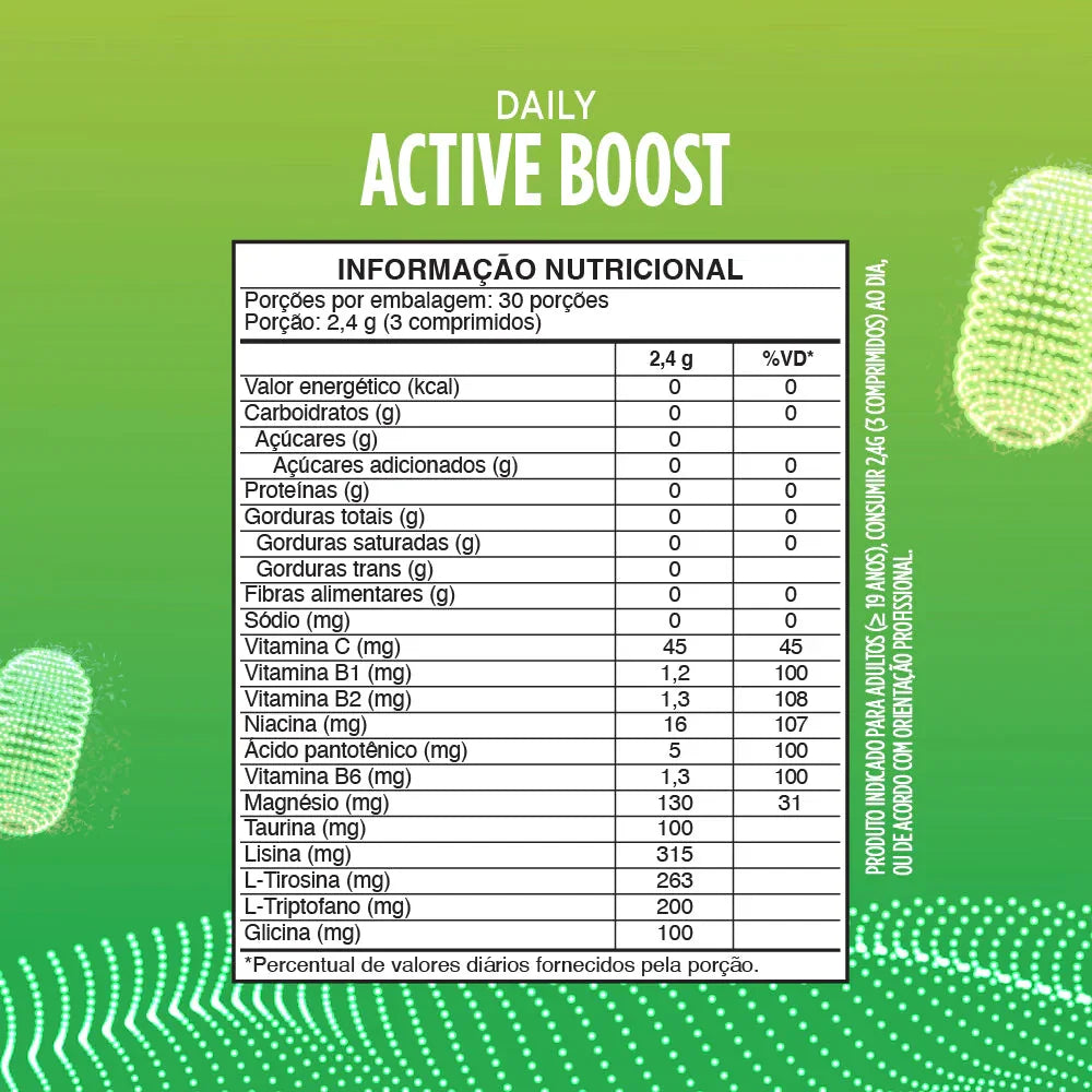 Daily Active Boost - Informação nutricional detalhada com vitaminas e minerais em fundo verde