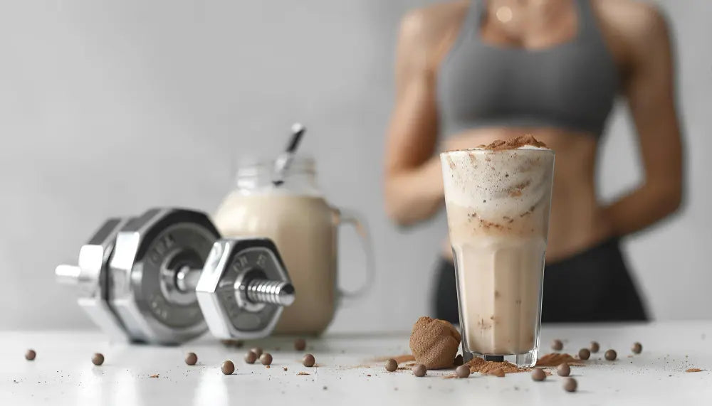 Copo com supercafé ao lado de halter de peso de academia com torso de mulher com roupas esportivas em desfoque ao fundo