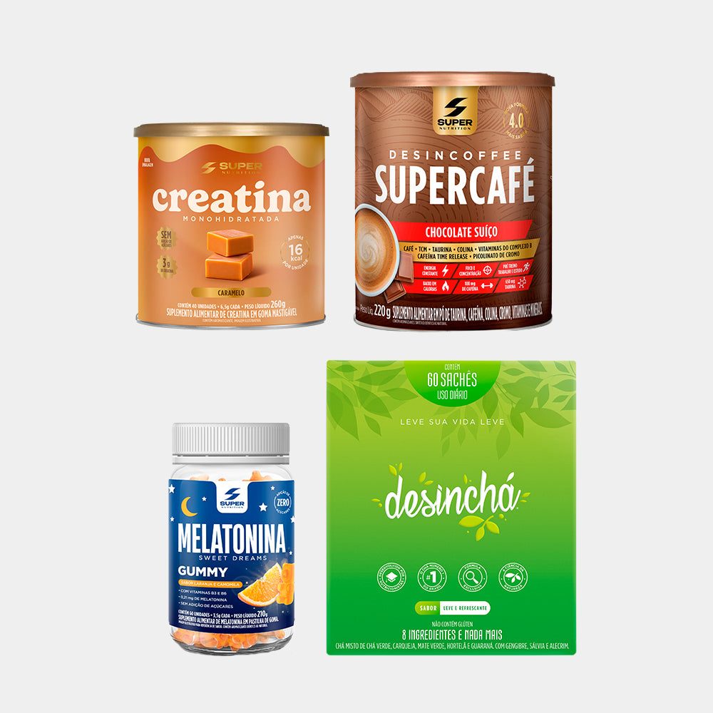 Kit Full: Caramelo Creatina, Supercafé Choc Suíço, Desinchá e Melatonina