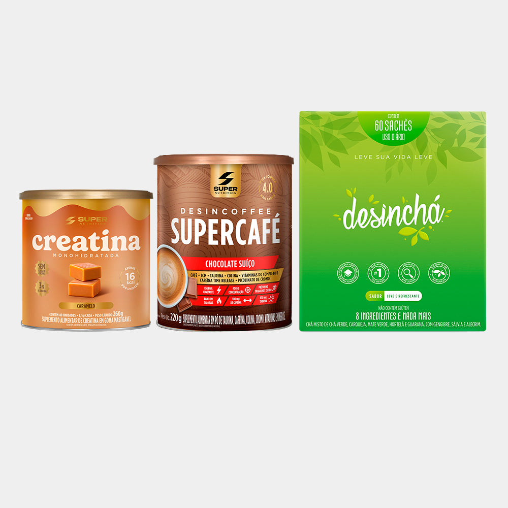 Kit Core: Caramelo Creatina, Supercafé Choc Suíço e Desinchá