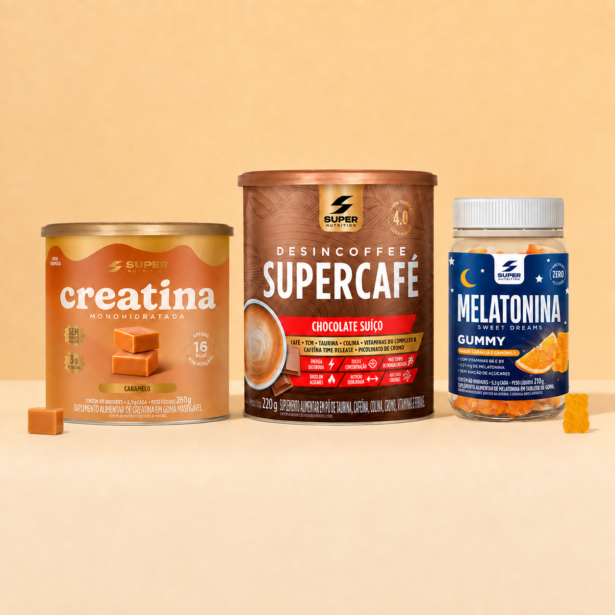 Kit Prime: Caramelo Creatina, Supercafé Choc Suíço e Melatonina