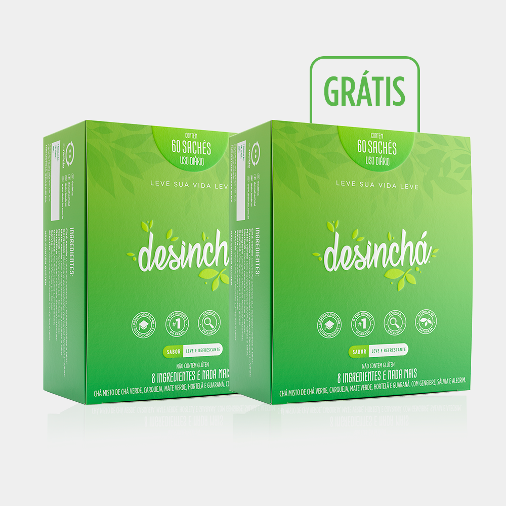 Compre 1 Leve 2 Desinchá 60 Dias: duas caixas de chá com 60 sachês, uma delas grátis.