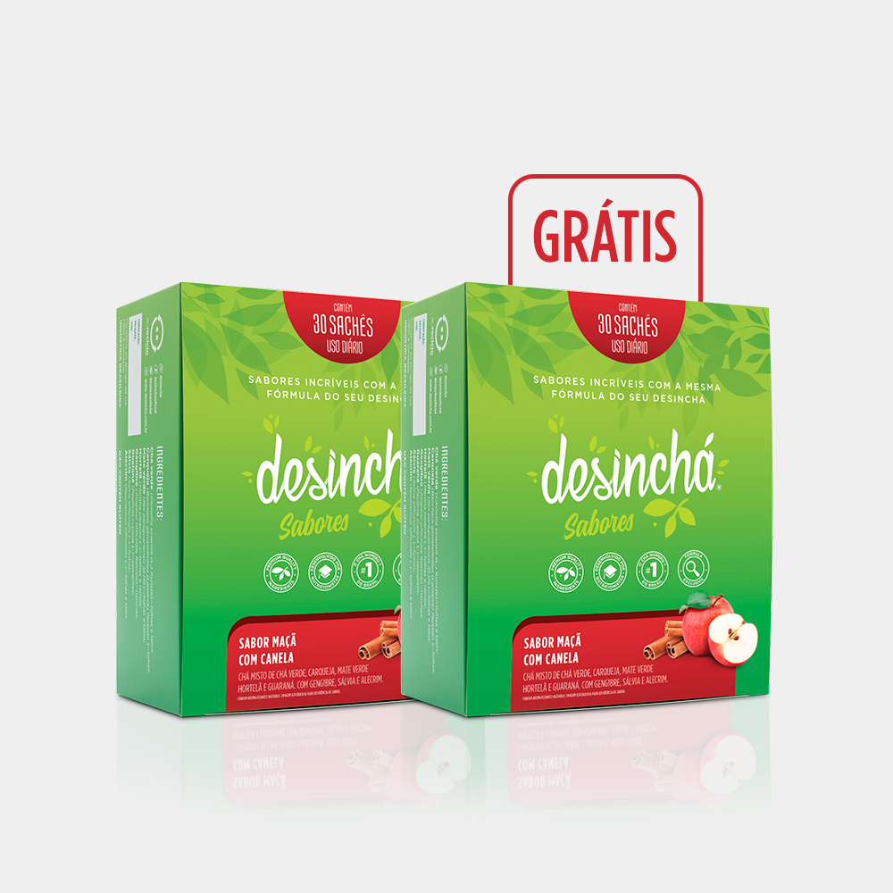 Compre 1 Leve 2 Desinchá Maçã com Canela: duas caixas de chá com 30 sachês, uma delas grátis.