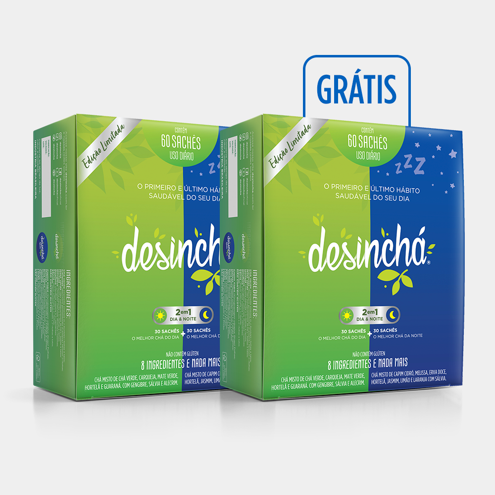 Compre 1 Leve 2 Desinchá Misto: duas caixas de chá com 60 sachês, uma delas grátis.