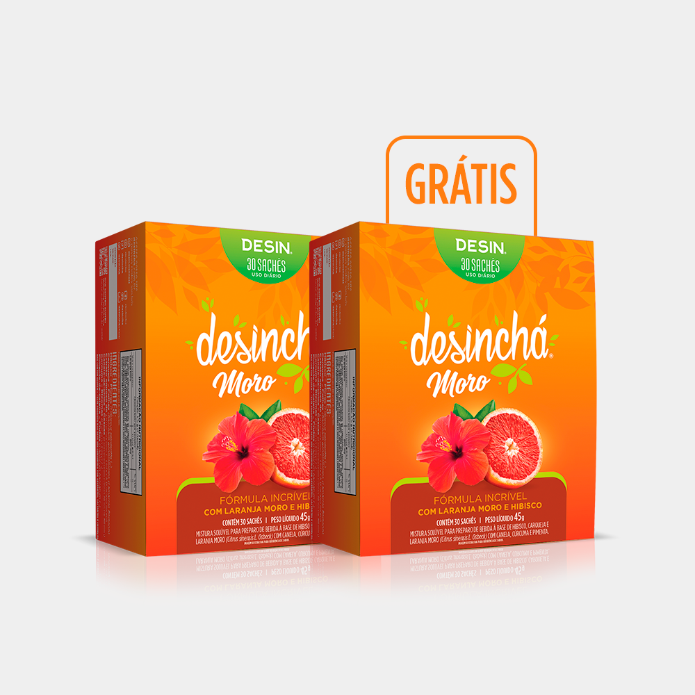 Compre 1 Leve 2 Desinchá Laranja Moro e Hibisco: duas caixas de chá com 30 sachês, uma delas grátis.
