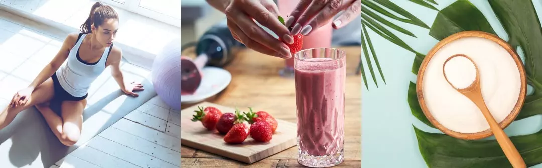 Mulher se alongando ao lado de alguém preparando um copo de suco de morango com colágeno hidrolisado em pó