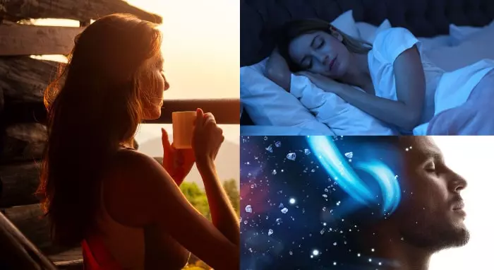 Pessoas realizando atividades diárias como dormir, tomar chá e ouvir música