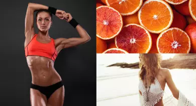 Mulher curte um dia de praia após tomar laranja moro ao lado de uma atleta que se exercita.