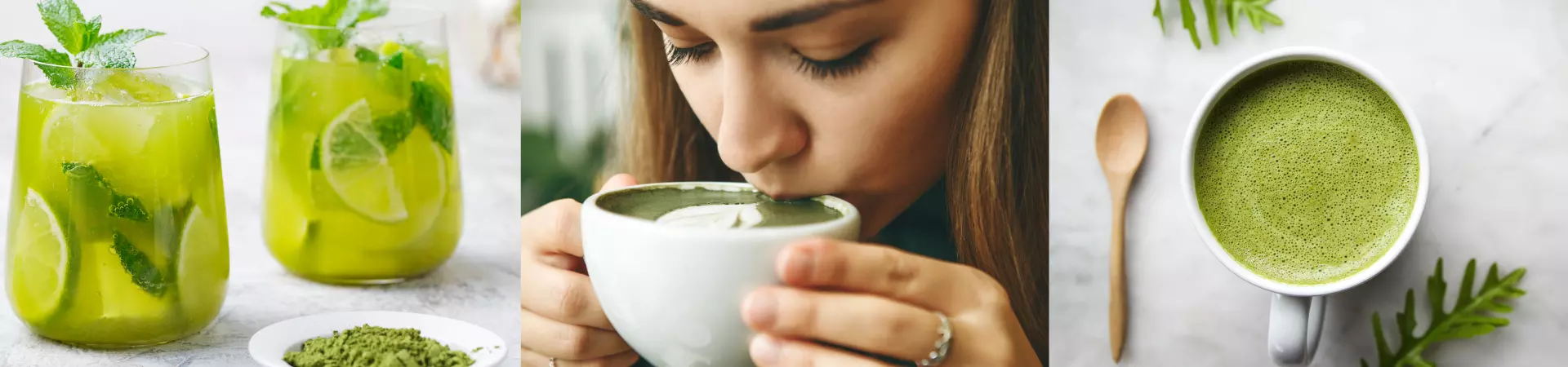 Mulher tomando uma xícara de chá verde matcha.