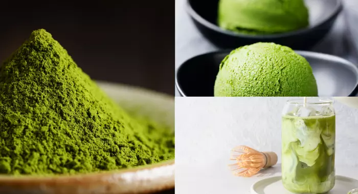 Pó de chá verde ao lado de um sorvete e uma bebida feitos a base do matcha chá verde da Desinchá.