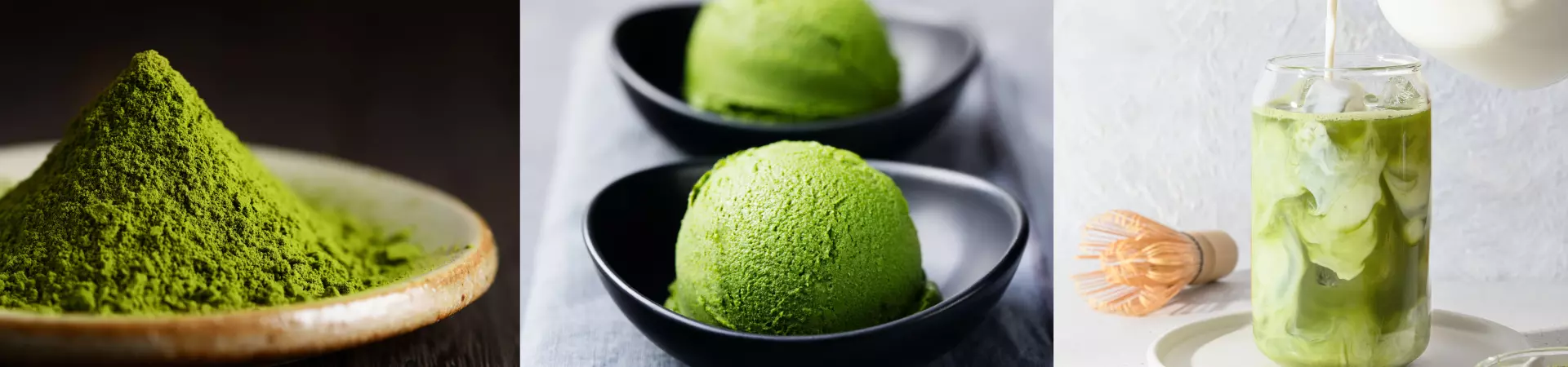 Pó de chá verde ao lado de um sorvete e uma bebida feitos a base do matcha chá verde da Desinchá.