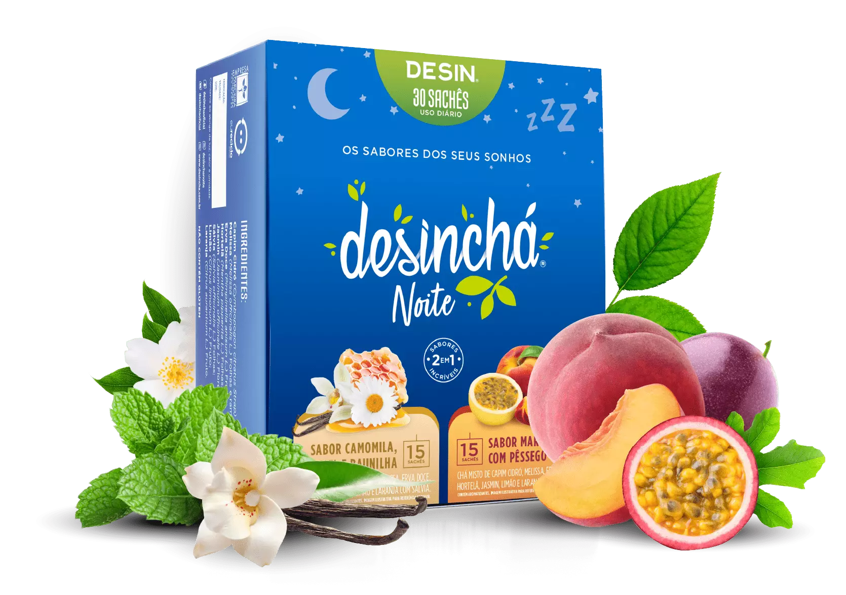 Caixa de Desinchá Noite Sabores com ilustrações dos ingredientes baunilha, maracujá e pêssego
