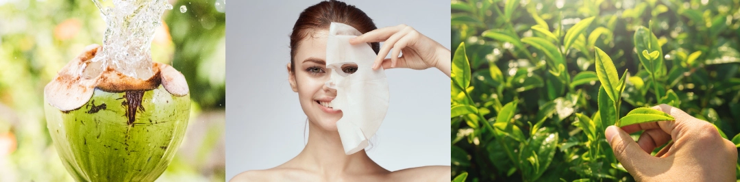 Uma água de coco ao lado de uma mulher retirando uma máscara facial e uma mão retirando folhas de uma planta