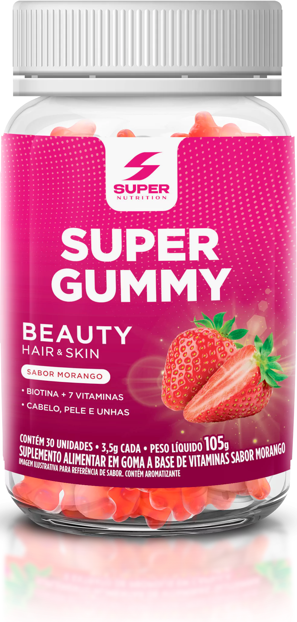Embalagem do Desin Gummy Hair & Skin Glow, a vitamina para cabelo e pele em formato de gominha de morango da Desinchá!