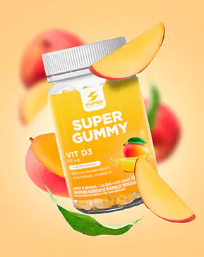 Embalagem de Desin Gummy Vit D Sunshine com ilustrações de fatias de manga, de onde sai o aroma natural do produto
