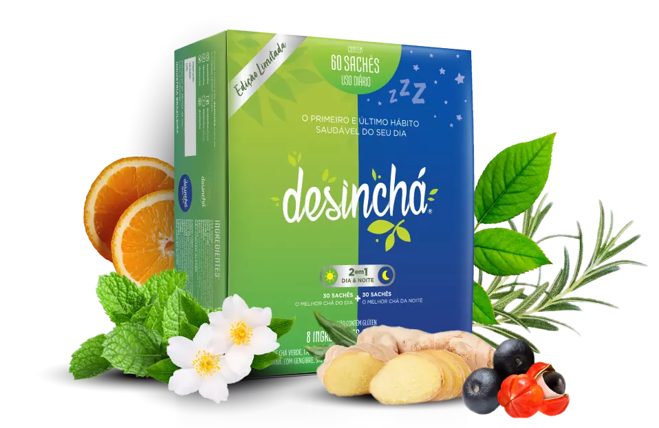 Embalagem de Desincha Misto com representação dos ingredientes laranja, melissa, jasmim, gengibre, guaraná e alecrim.