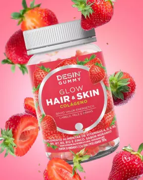 Embalagem de Desin Gummy Hair & Skin Glow com ilustração de morangos, de onde sai o aroma natural da balinha