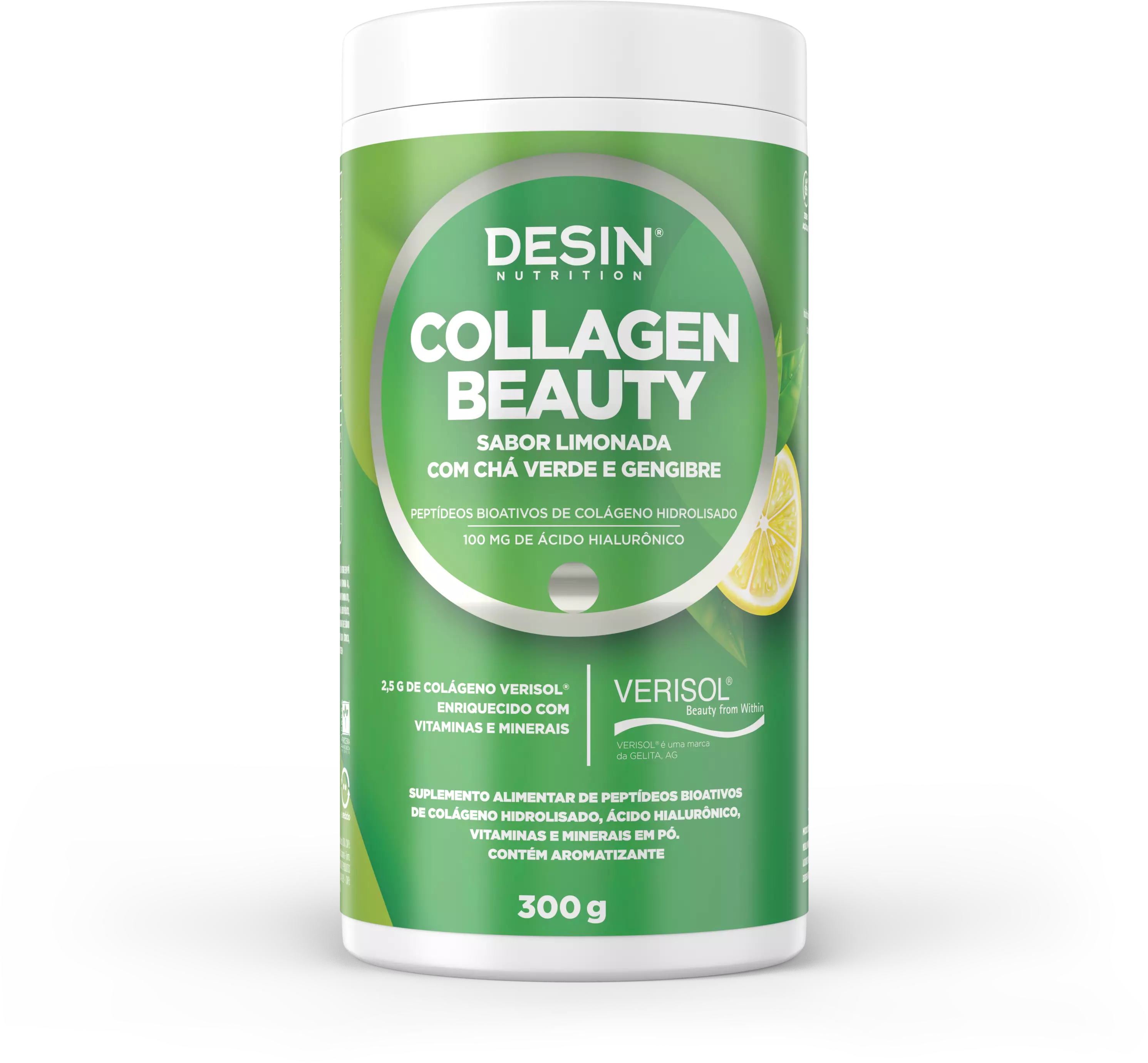 Frasco de Collagen Beauty sabor Limonada com 300 gramas de suplemento alimentar de colágeno verisol com ácido hialurônico
