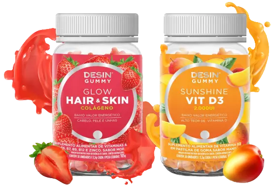 Embalagens dos produtos da linha Desin Gummies: Desin Hair + Skin Glow e Desin Vit D3 Sunshine