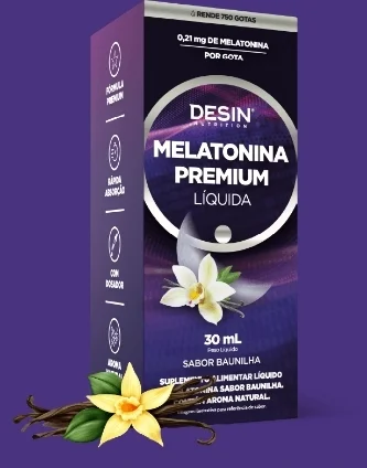 Embalagem de melatonina líquida com 30ml que rende 750 gotas da Desinchá.
