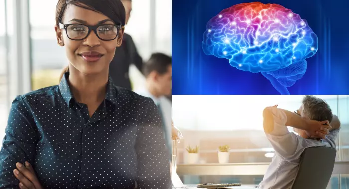 Uma mulher e um homem trabalhando após tomarem o suplemento Neuro Boost que melhora a capacidade cognitiva