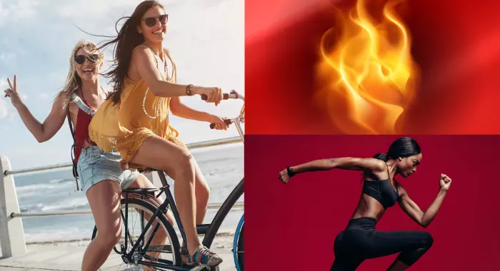 Mulher realizando atividade física após tomar quitosana psyllium ao lado de duas mulheres sorridentes andando de bicicleta