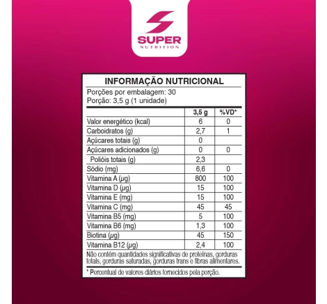 Tabela com informações nutricionais Beauty Gummy - Hair Skin Cabelo e Pele Sabor Morango (30 gomas)