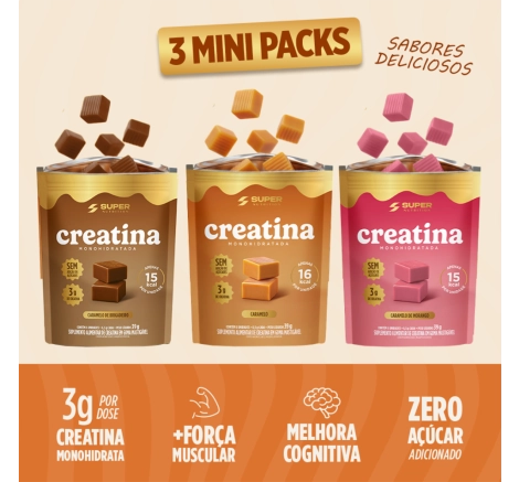 Caramelos de Creatina | Combo Napolitano 3 Mini Packs (Caramelo, Brigadeiro e Morango)