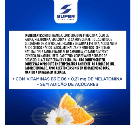 Lista de Ingredientes Super Gummy Melatonina em formato de ursinho sabor laranja e extrato de camomila 60 gomas