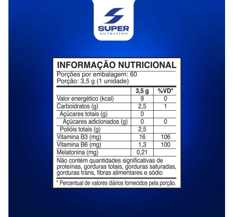Tabela Nutricional Super Gummy Melatonina em formato de ursinho sabor laranja e extrato de camomila 60 gomas