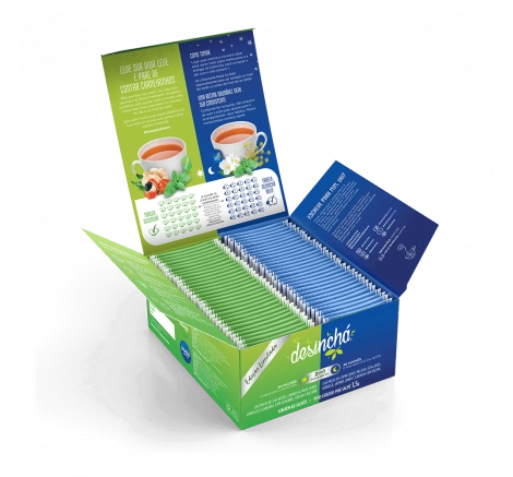 Embalagem interna do Desinchá Misto, com 30 sachês de Desinchá e 30 sachês de Desinchá Noite