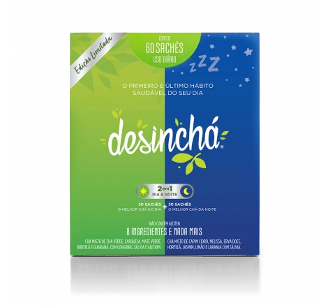 Embalagem externa do Desinchá Misto 30 sachês dia e 30 sachês do noite