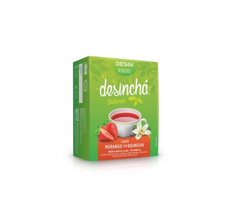 Embalagem chá Desinchá Morango com Baunilha 10 sachês visão lateral