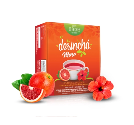 embalagem chá Laranja Moro e hibisco da Desinchá 30 sachês