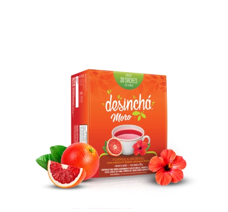 embalagem chá Laranja Moro e hibisco da Desinchá 30 sachês