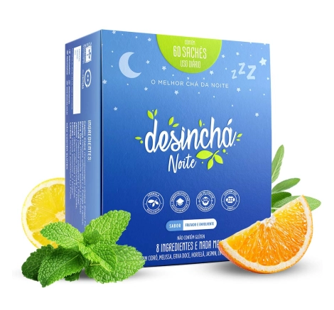 Caixa de Desinchá Noite com 60 sachês de sabor frutado e envolvente.