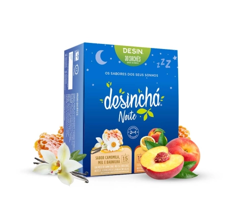 Caixa de 30 sachês Desinchá Noite sabor camomila 15 sachês, mel e baunilha 15 sachês.