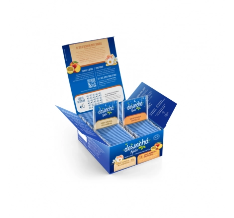 Interior Caixa de 30 sachês Desinchá Noite sabor camomila 15 sachês, mel e baunilha 15 sachês.