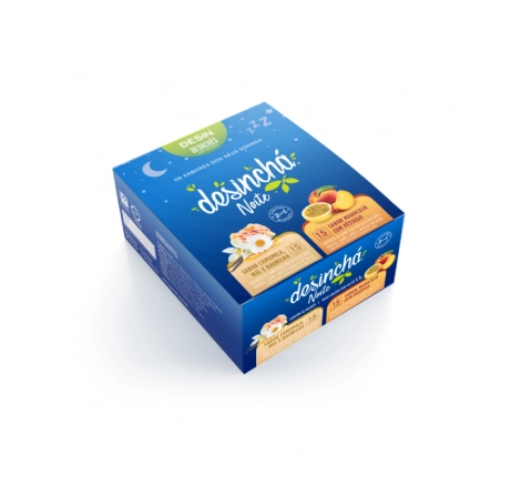 Caixa de 30 sachês Desinchá Noite sabor camomila 15 sachês, mel e baunilha 15 sachês.