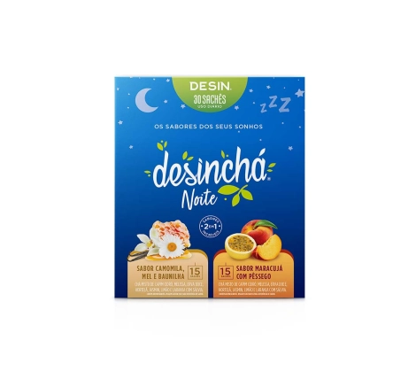Caixa de 30 sachês Desinchá Noite sabor camomila 15 sachês, mel e baunilha 15 sachês.