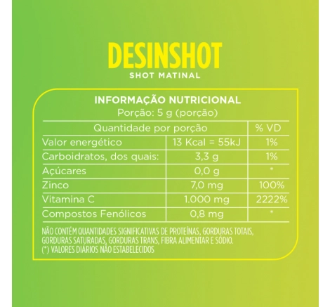 Tabela com informações nutricionais do Desinshot Shot Matinal.