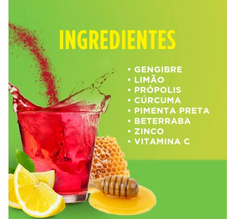 Copo cheio com Desinshot Shot Matinal e os seus ingredientes.