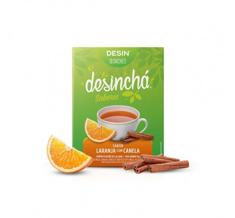 Embalagem chá desinchá para desinchar 10 sachês sabor laranja com canela ingredientes