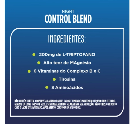 Ingredientes e benefícios Night Control Blend Super Caps 90 caps Super Nutrition com Magnésio e L-Triptofano