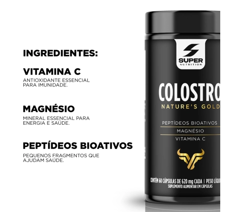 Super Colostro Peptídeos Bioativos, Magnésio e Vitamina C (60 cápsulas)
