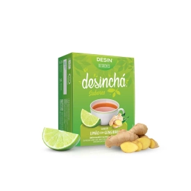 Embalagem chá desinchá 10 saches limão com gengibre frente com ingredientes